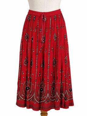 Red Belly Dance Skirt OS Boho Gypsy Tribal Sequin Mirror Festival Midi Flowy